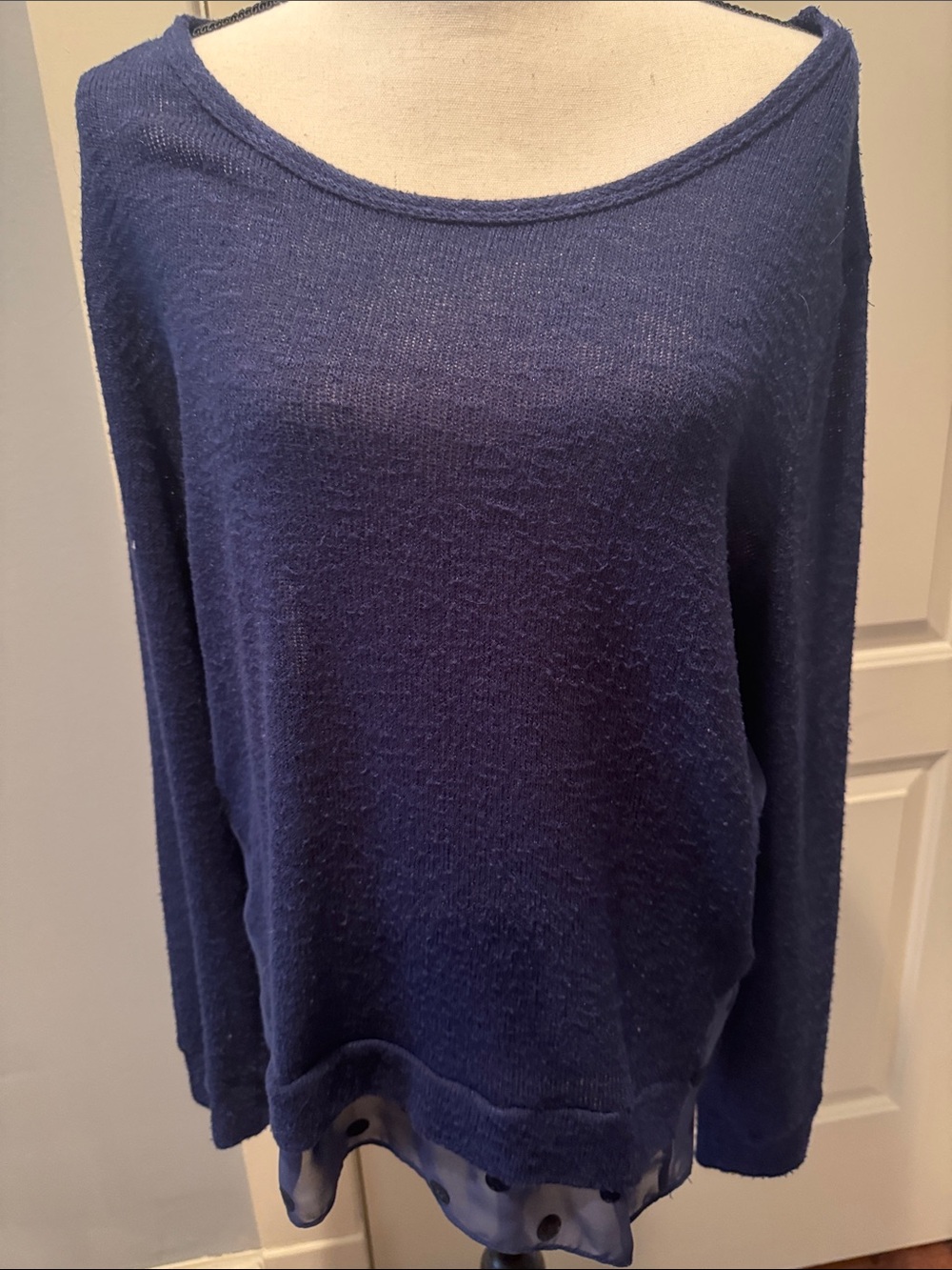 Navy Blue Women's Lightweight Sweater with Sheer Hem